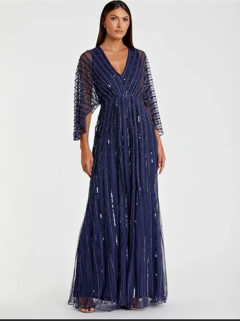 Mac Duggal Navy Sequin V-Neck Maxi Gown